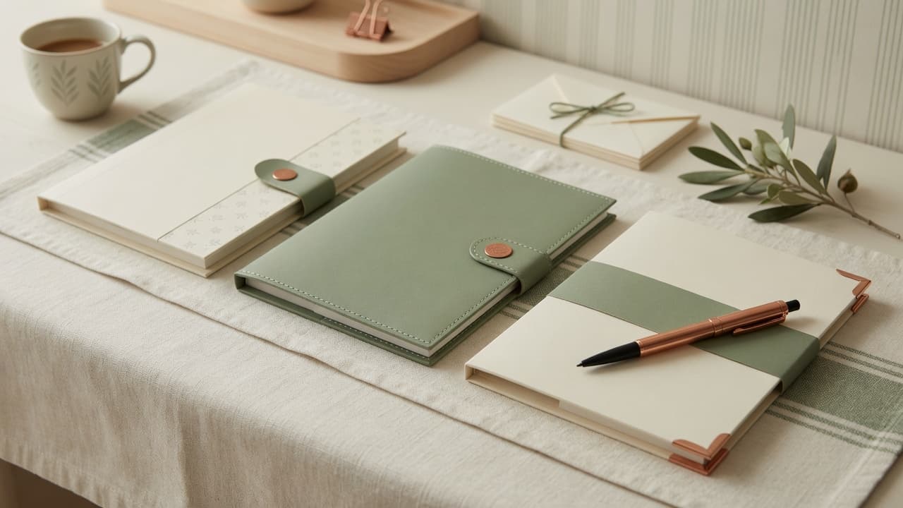 Soft workspace with package folders in cream and forest tones