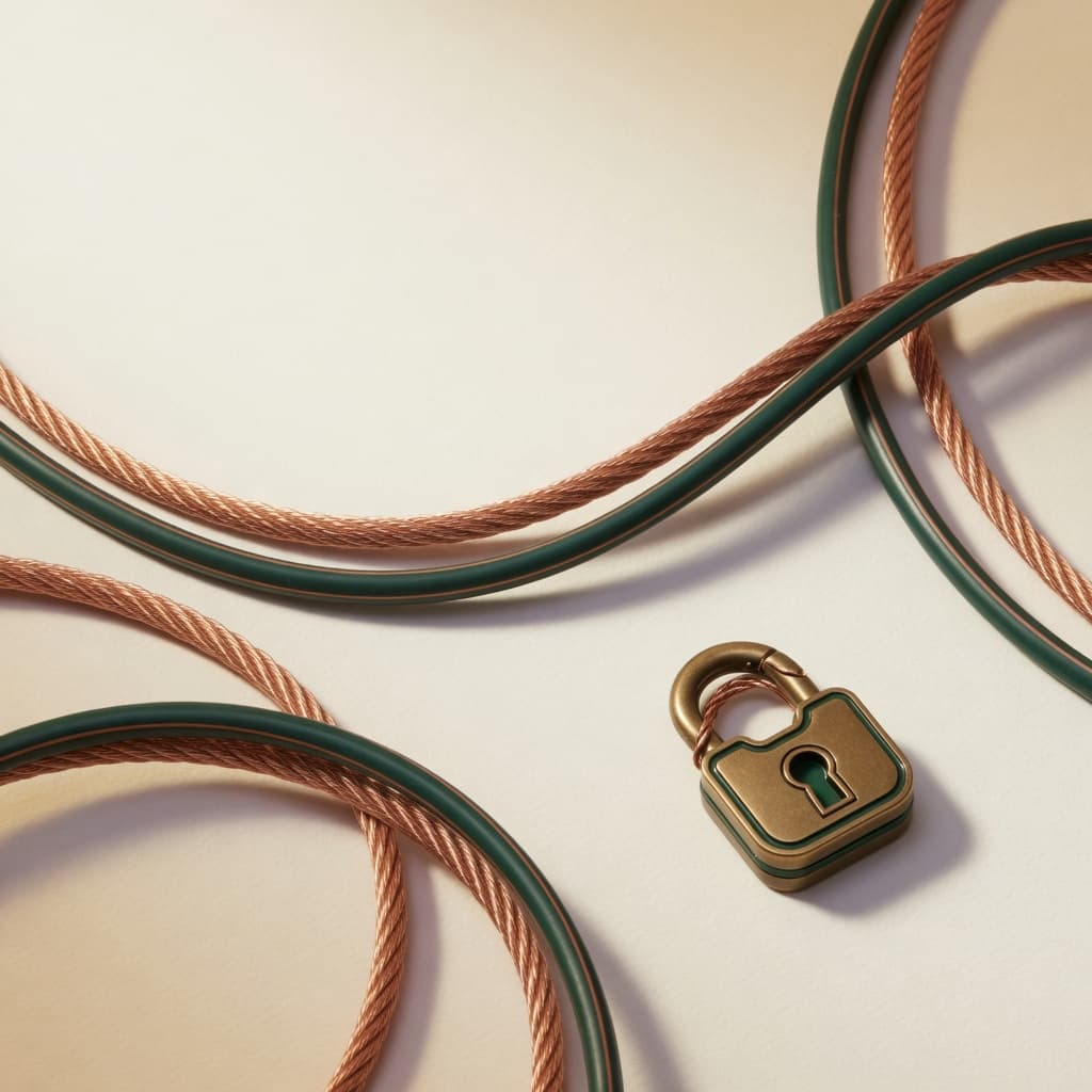 Abstract private network and lock accent in forest and copper